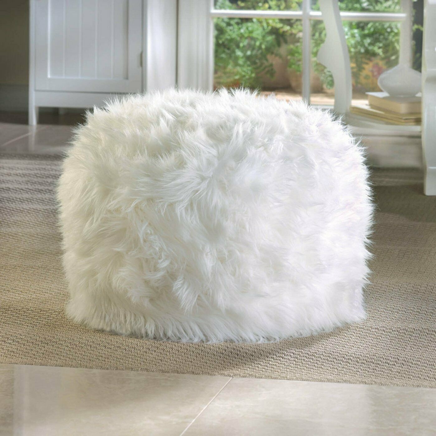 WHITE Fuzzy Furry Footstool Floor Pillow cushion Seat Fabric Bean Bag Ottoman POUF
