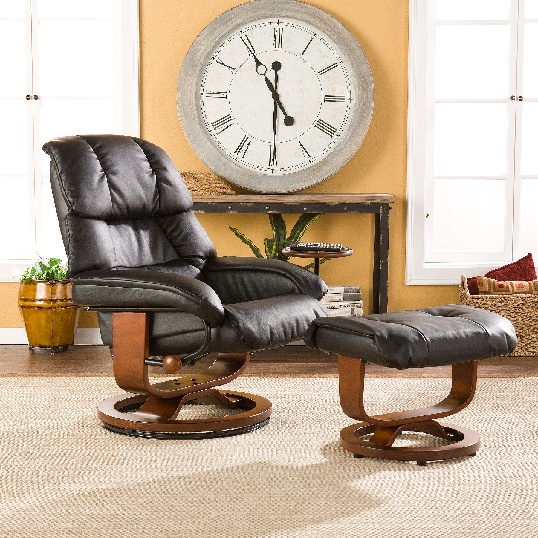 Windsor brown leather recliner and ottoman set