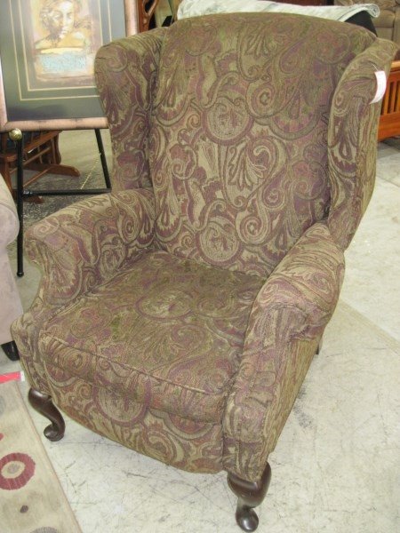 Wing back olive brown recliner paisely queen anne legs