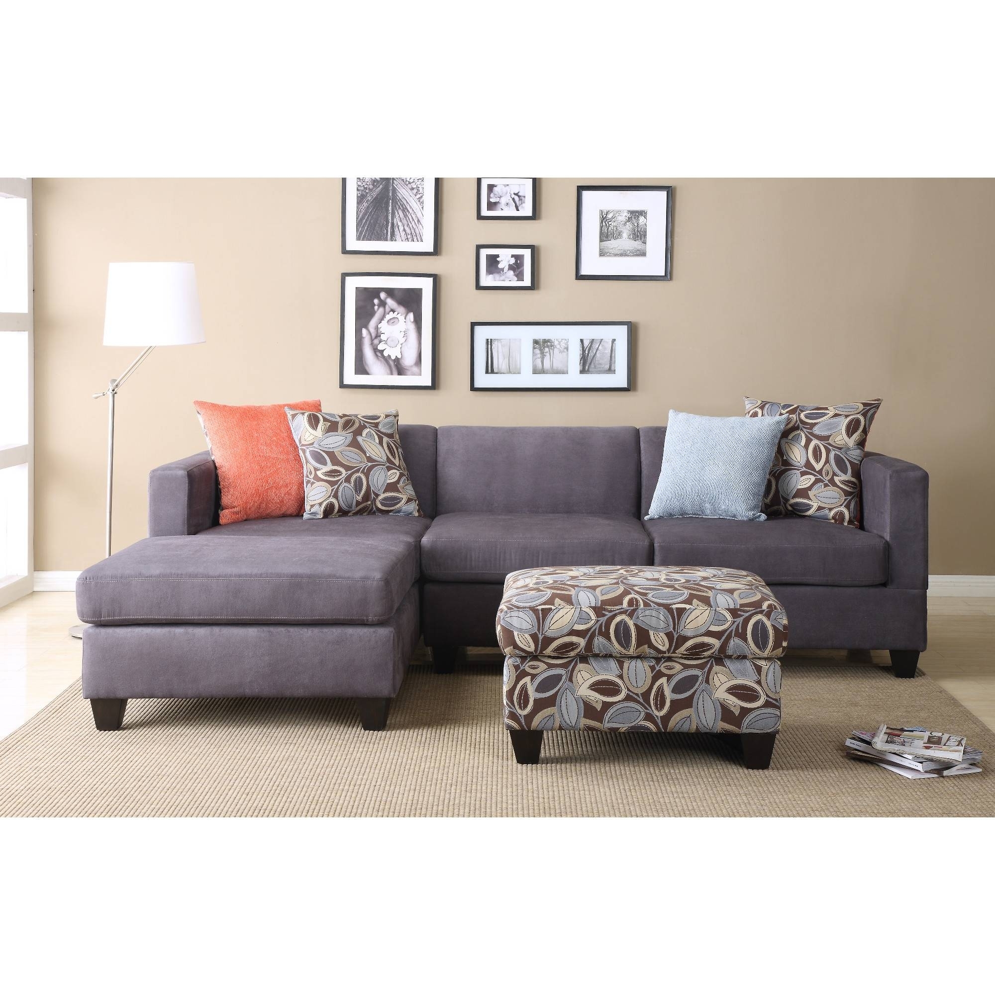 2 pieces sectional sofa in smooth charcoal finish microfiber with
