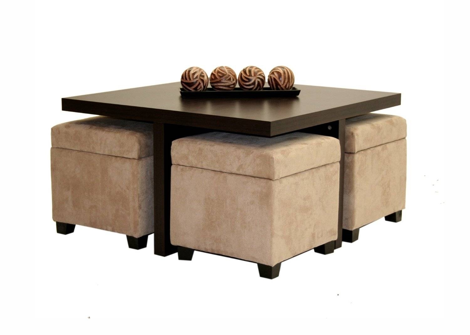 Club coffee table with 4 storage ottomans chocolate and beige