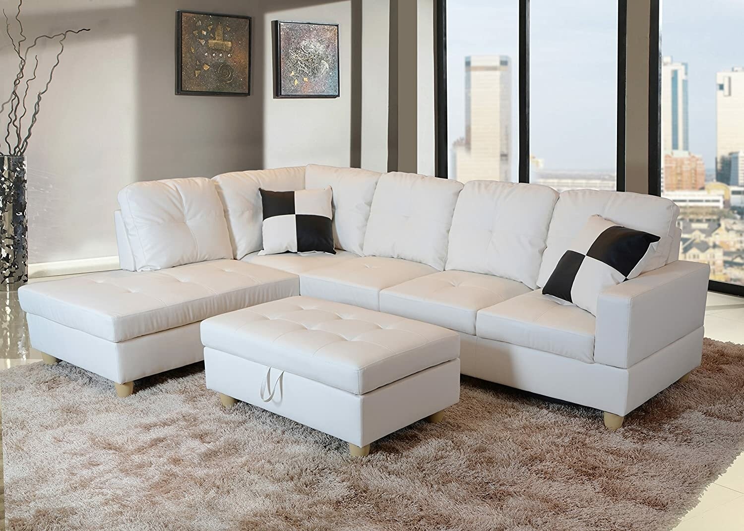 Delma 3 Pc White Faux Leather Left Chaise Sectional Set With Storage Ottoman