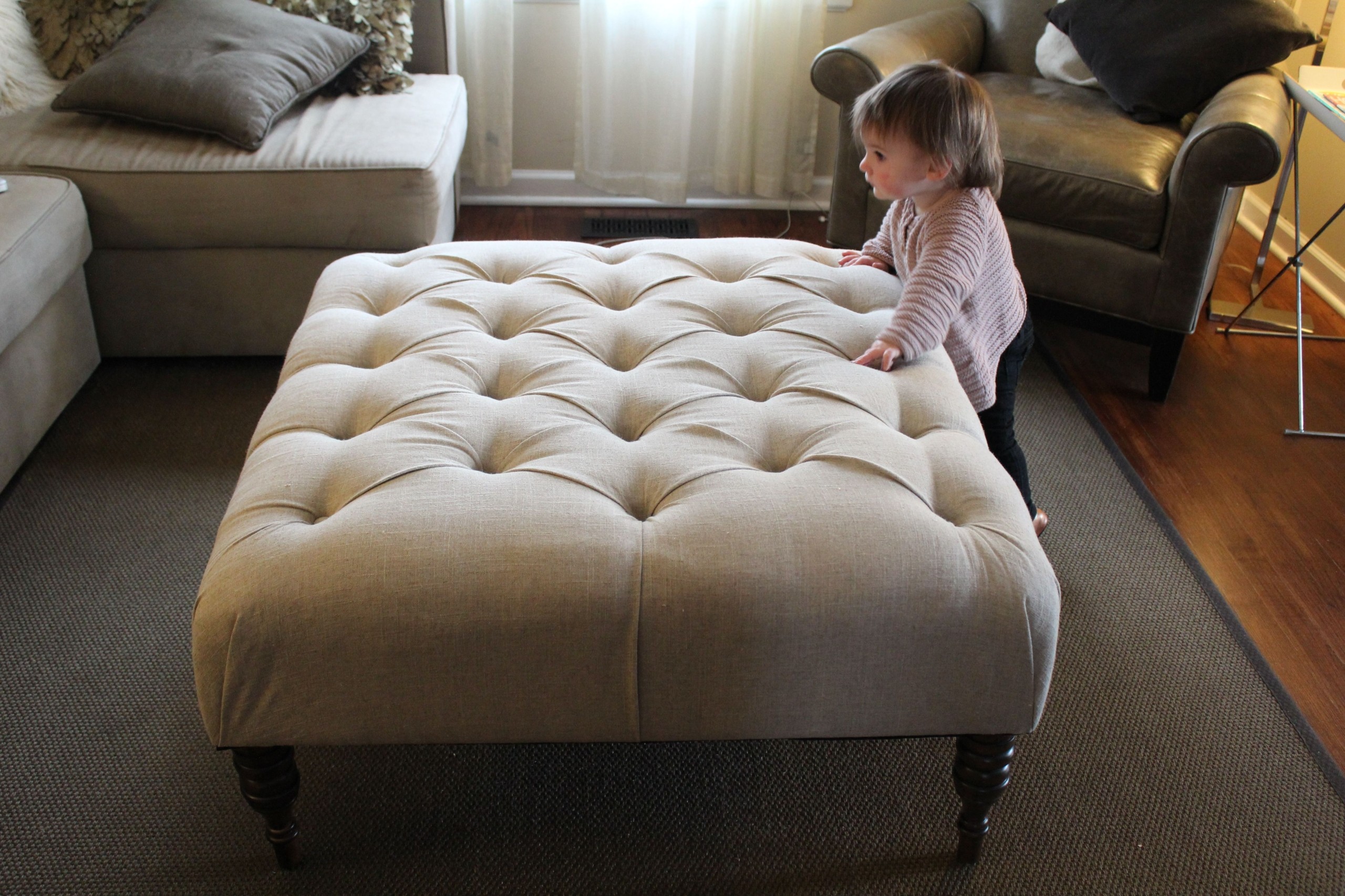 Long Rectangular Buttoned Cream Rolling Ottoman Footstool Coffee