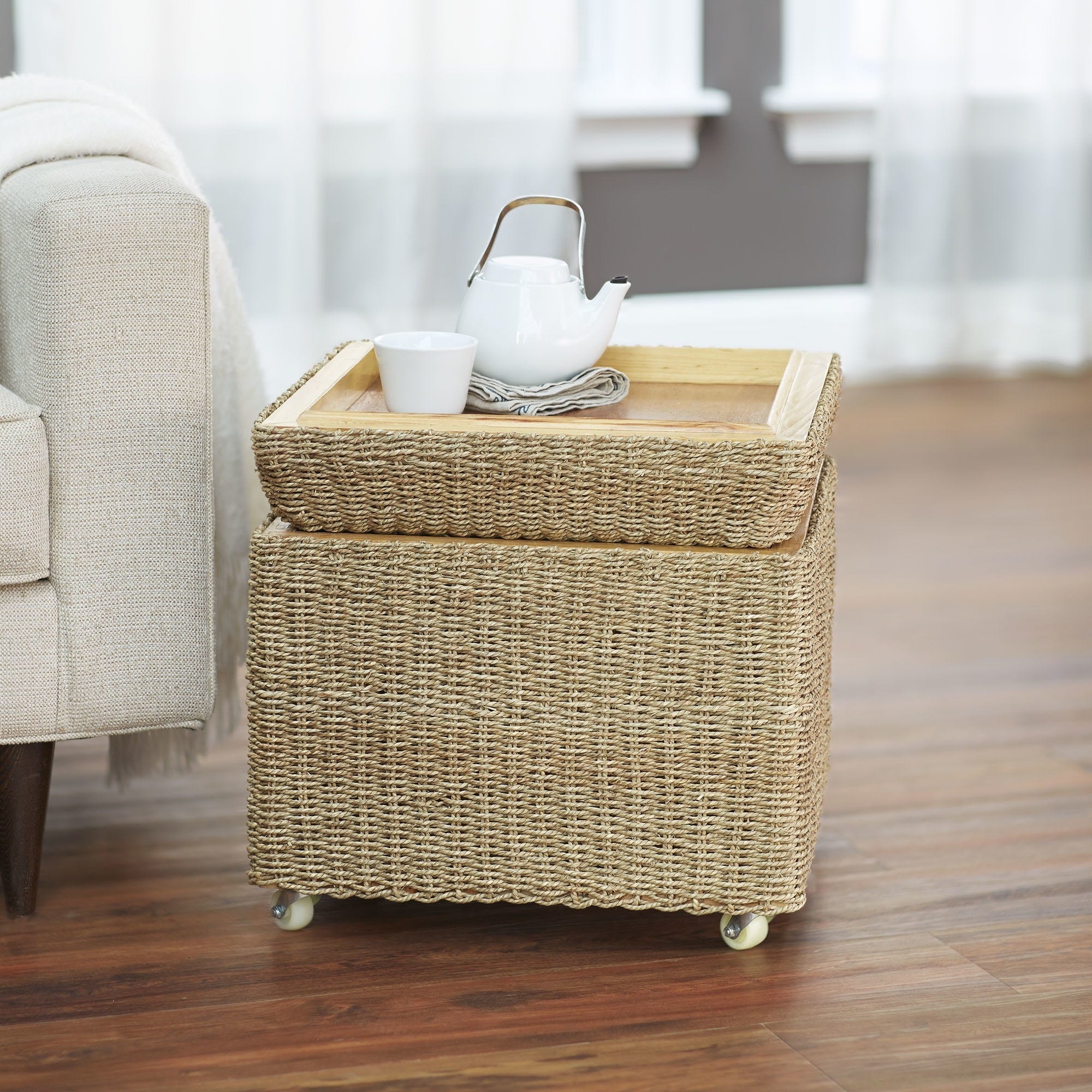 Household Essentials Rolling Seagrass Wicker Storage Seat Ottoman