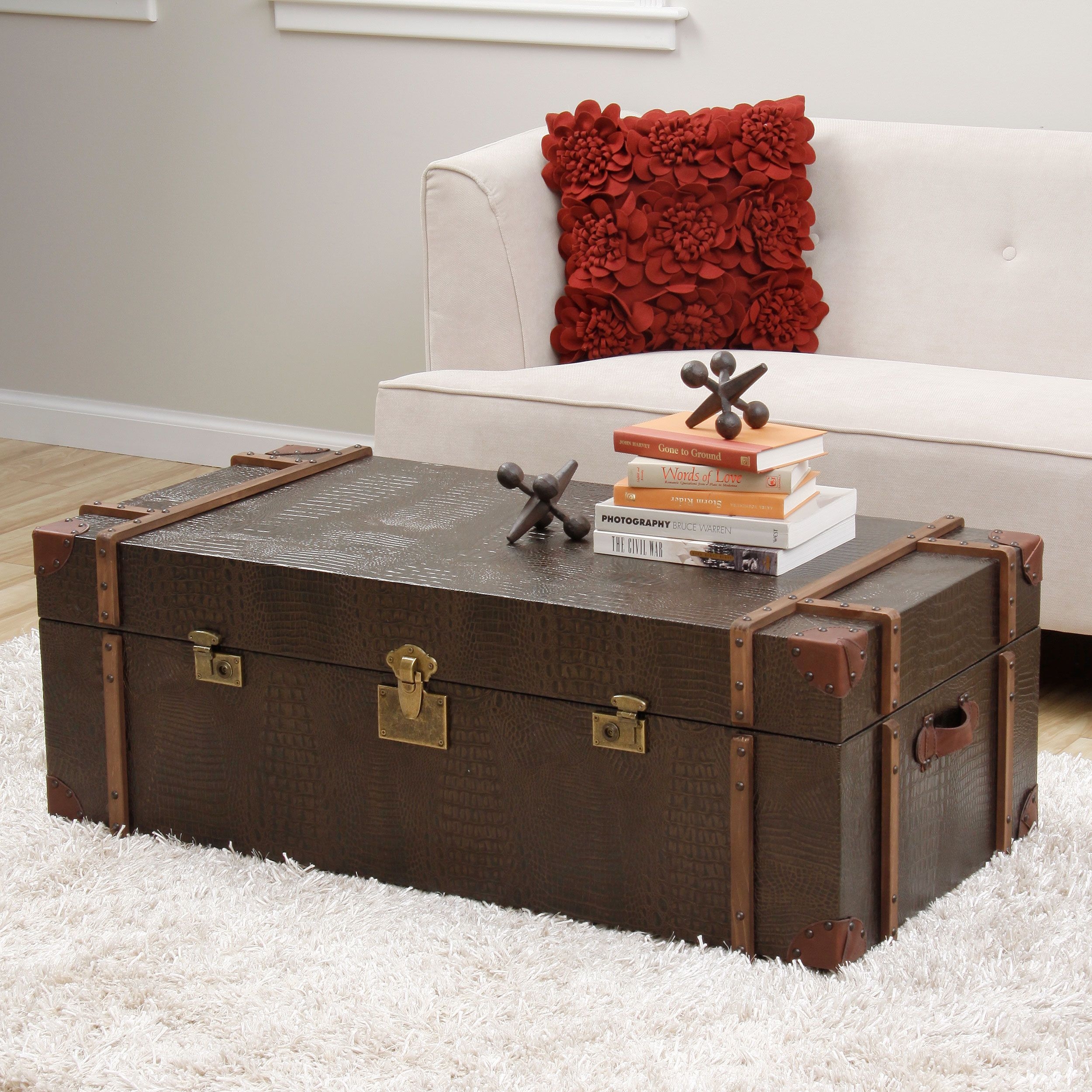 Journey black croc embossed leather trunk coffee table