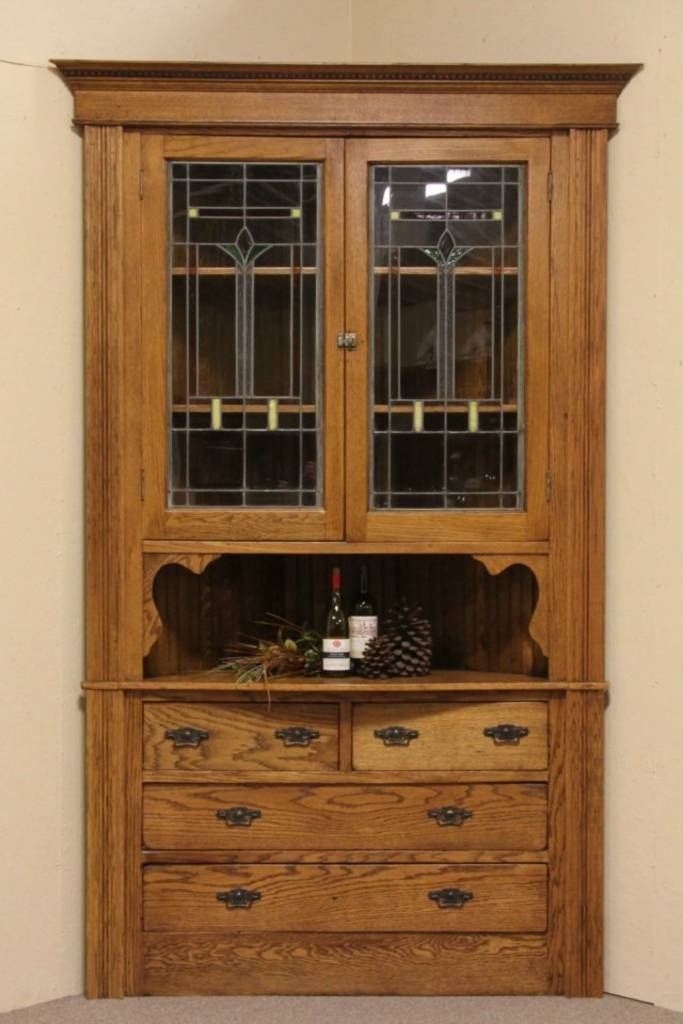 Oak Antique Corner Cabinet Leaded Stained Glass Doors