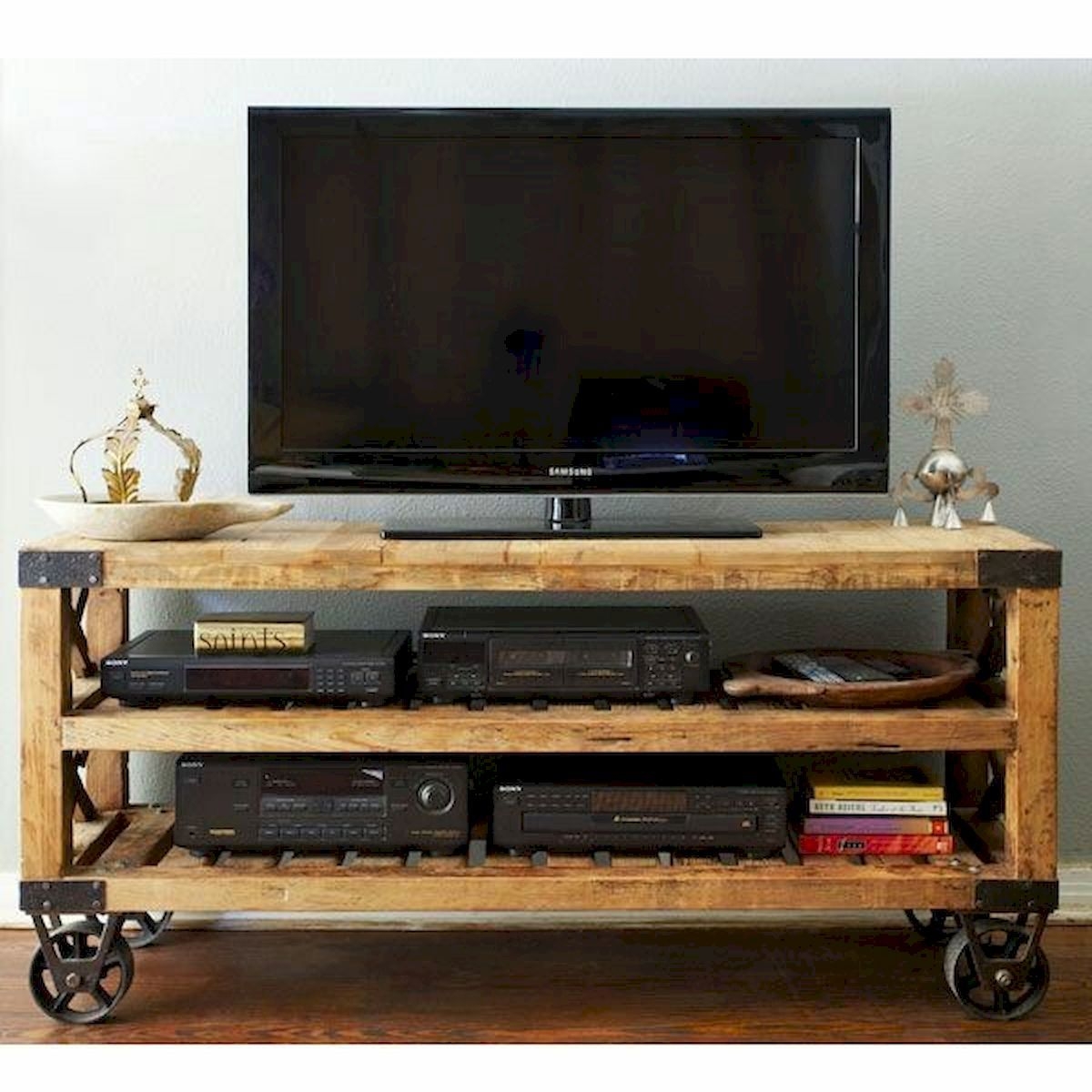Industrial Rustic Console TV Stand Table Living Room Antique Pine Media Cabinet 