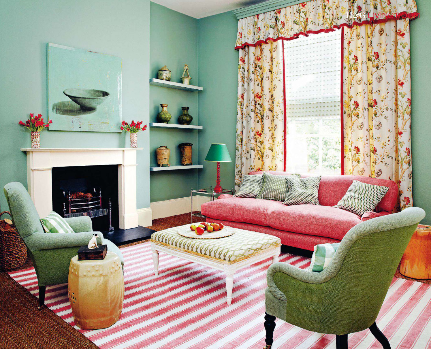 pink grey mint living room