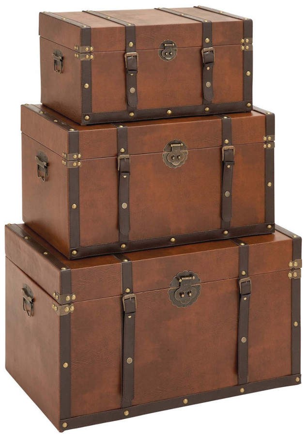 Plutus Brands Timeless Designed Wood Leather Trunk, Set of 3