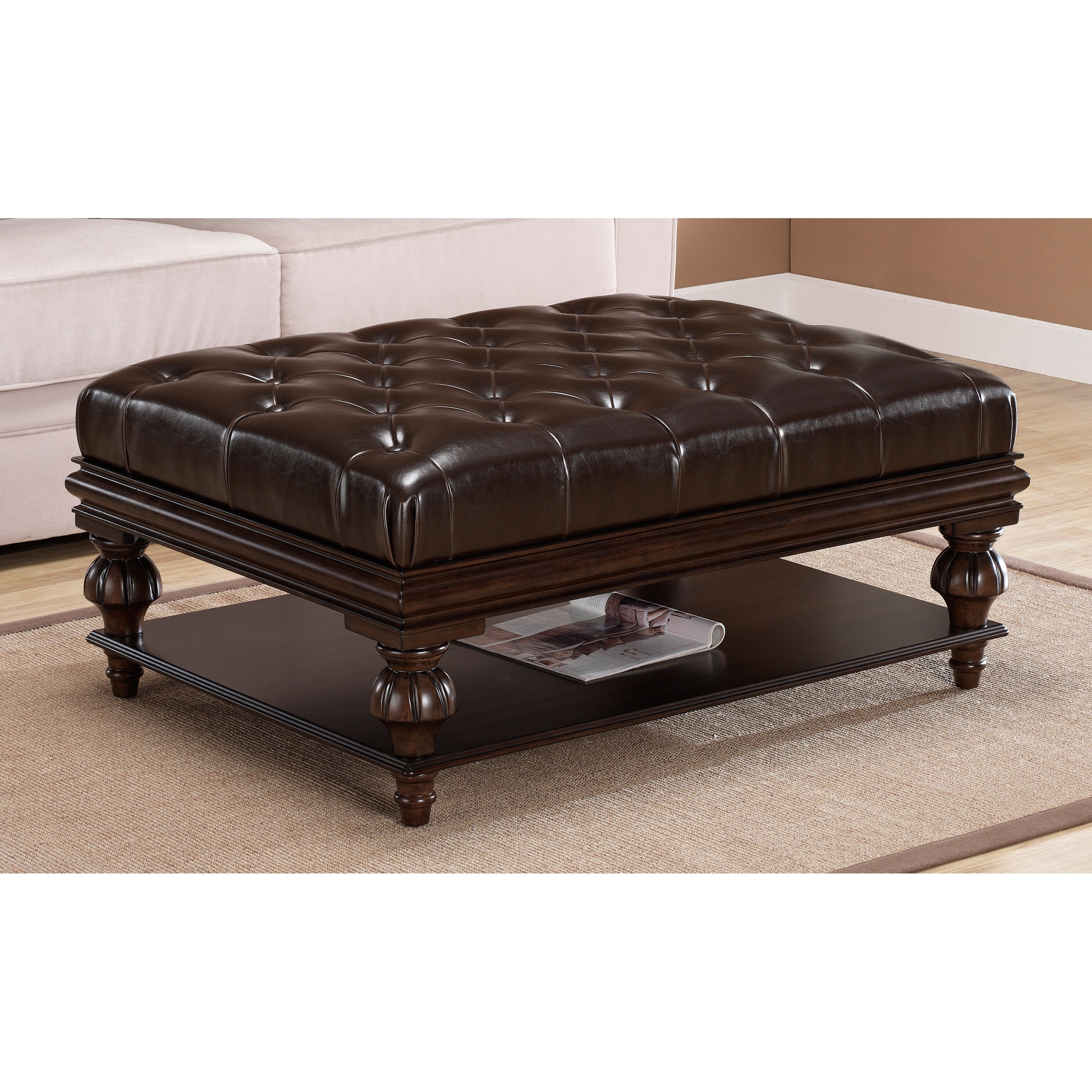 Tufted Leather Ottoman With Optional Shelf