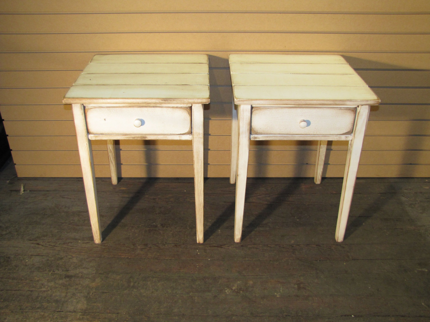 Two distressed shaker end tables with