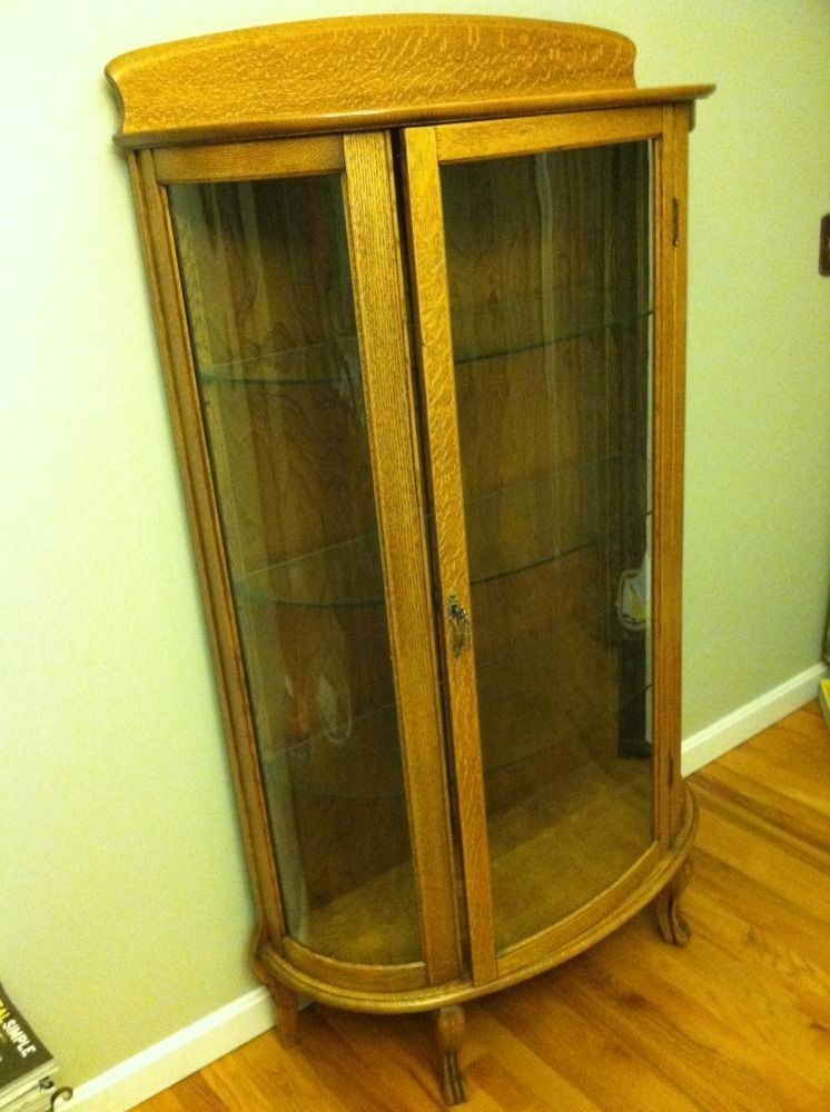 Vintage oak curio cabinet hutch bowed glass w keylock excellent