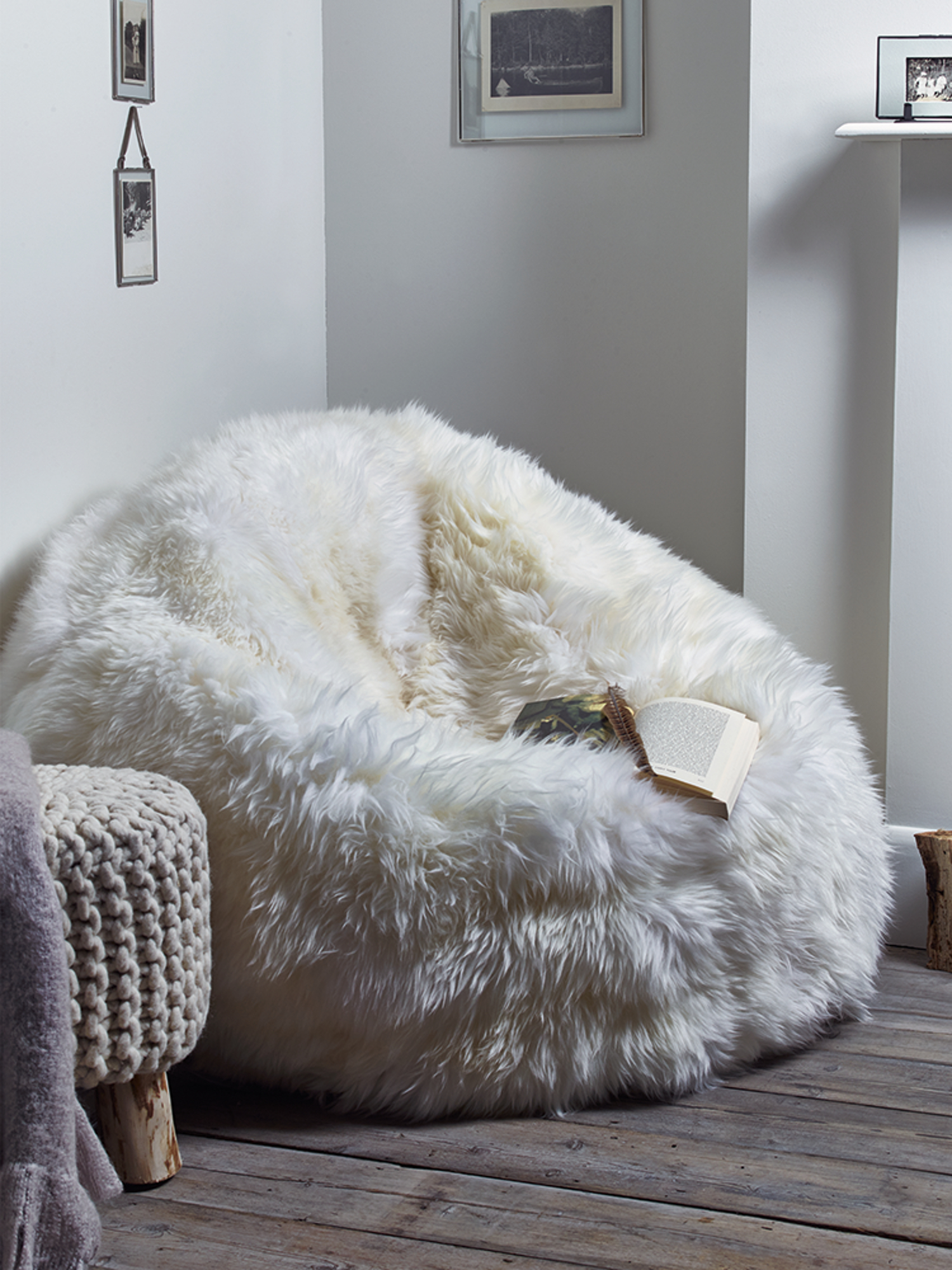 grey fluffy bean bag chair