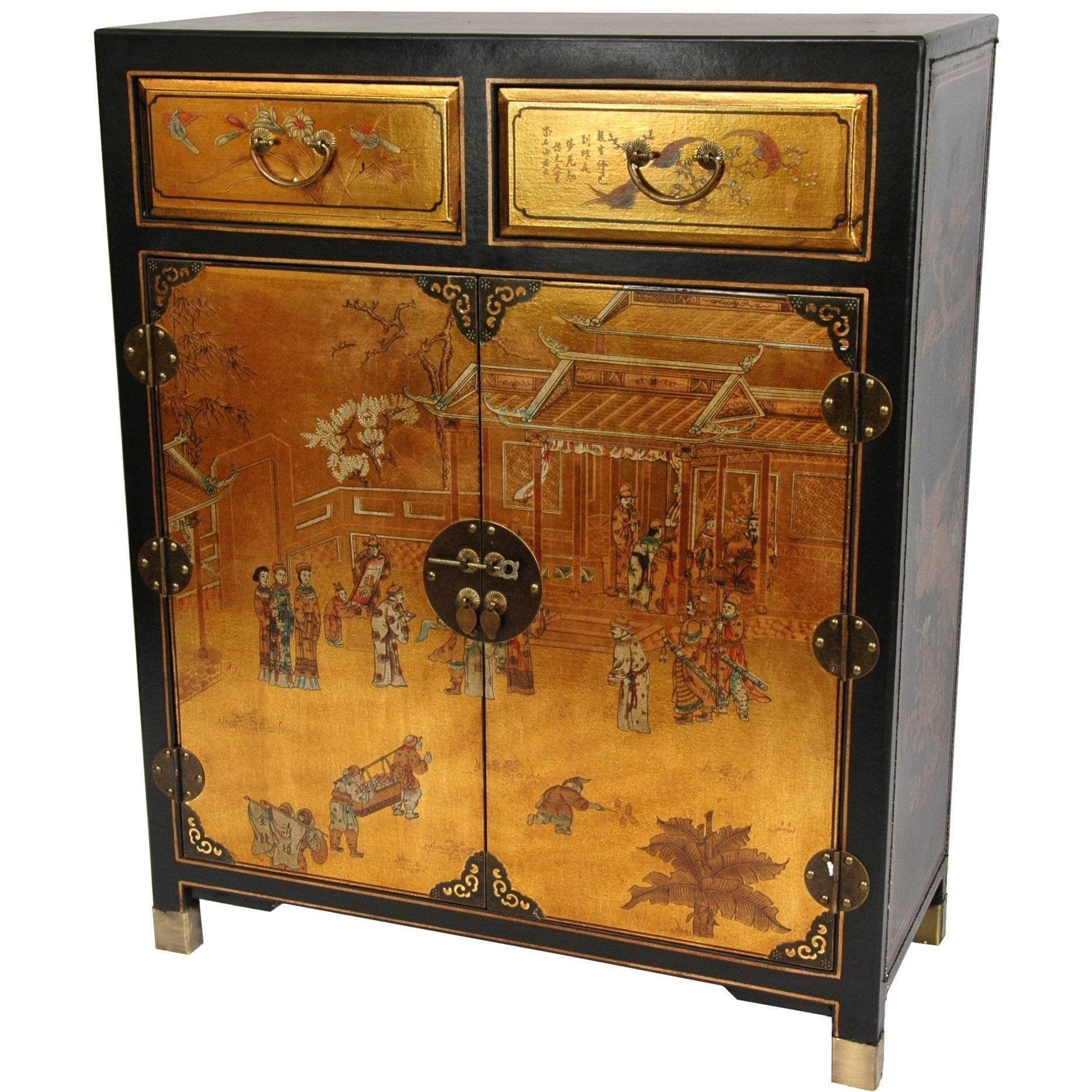 Oriental Furniture Classic Asian Furniture and Decor 38-Inch Gold Lacquer Two Drawer Oriental Shoe Cabinet