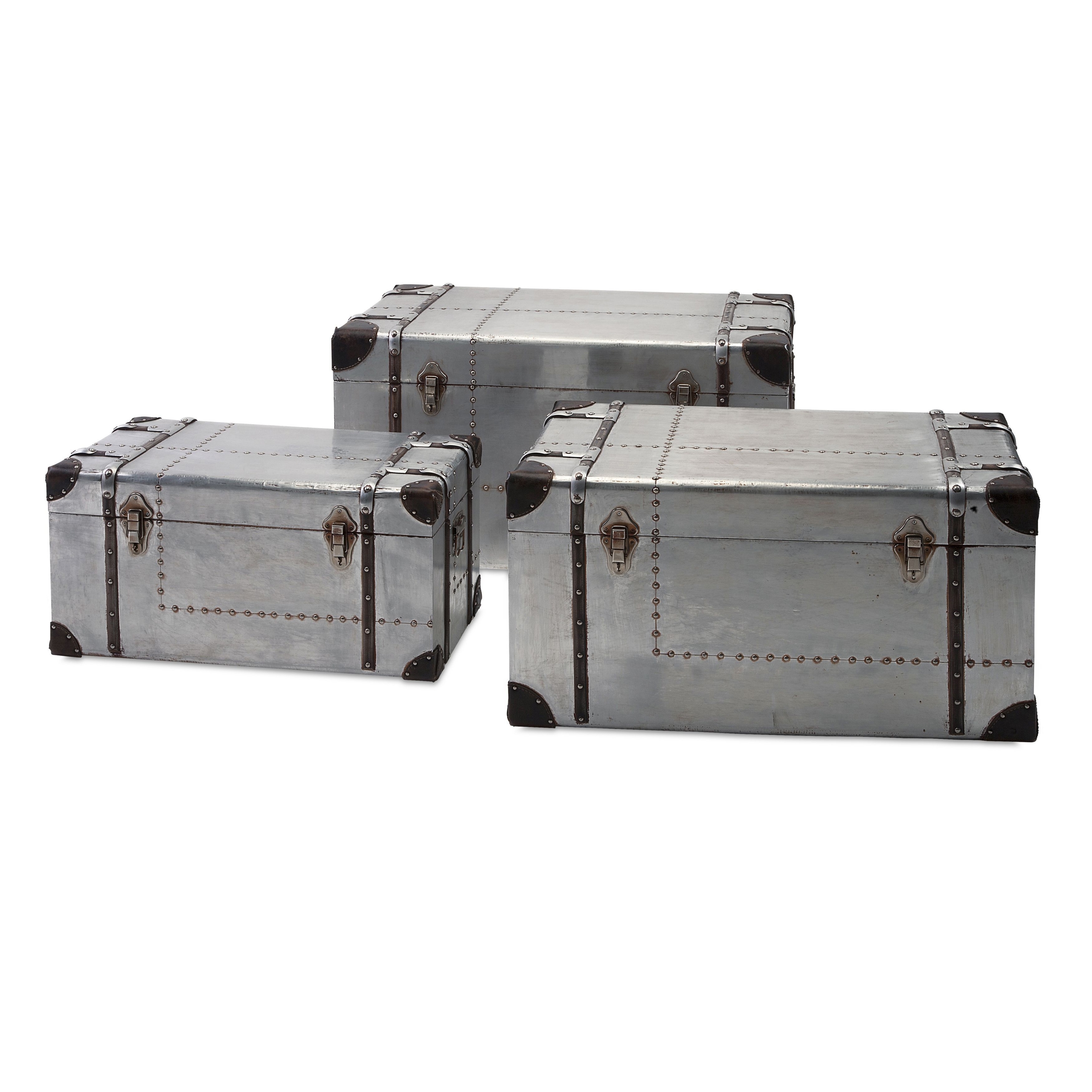 Set of 3 Denali Aviator Aluminum Storage Trunks with Faux Leather and Rivet Accents 32.35"