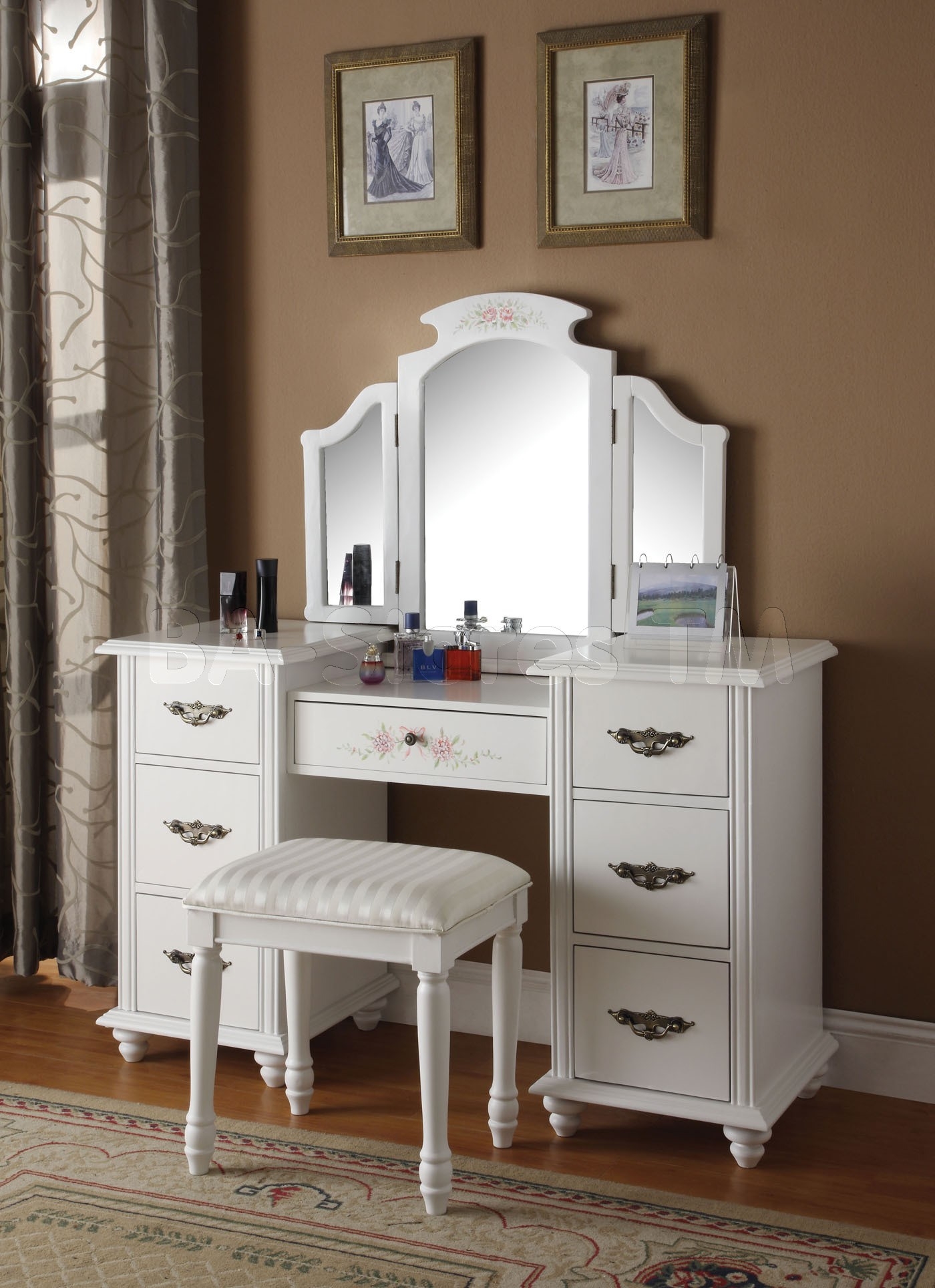 Torian 3 pc white finish wood make up dressing table vanity set with stool and tri-fold mirror