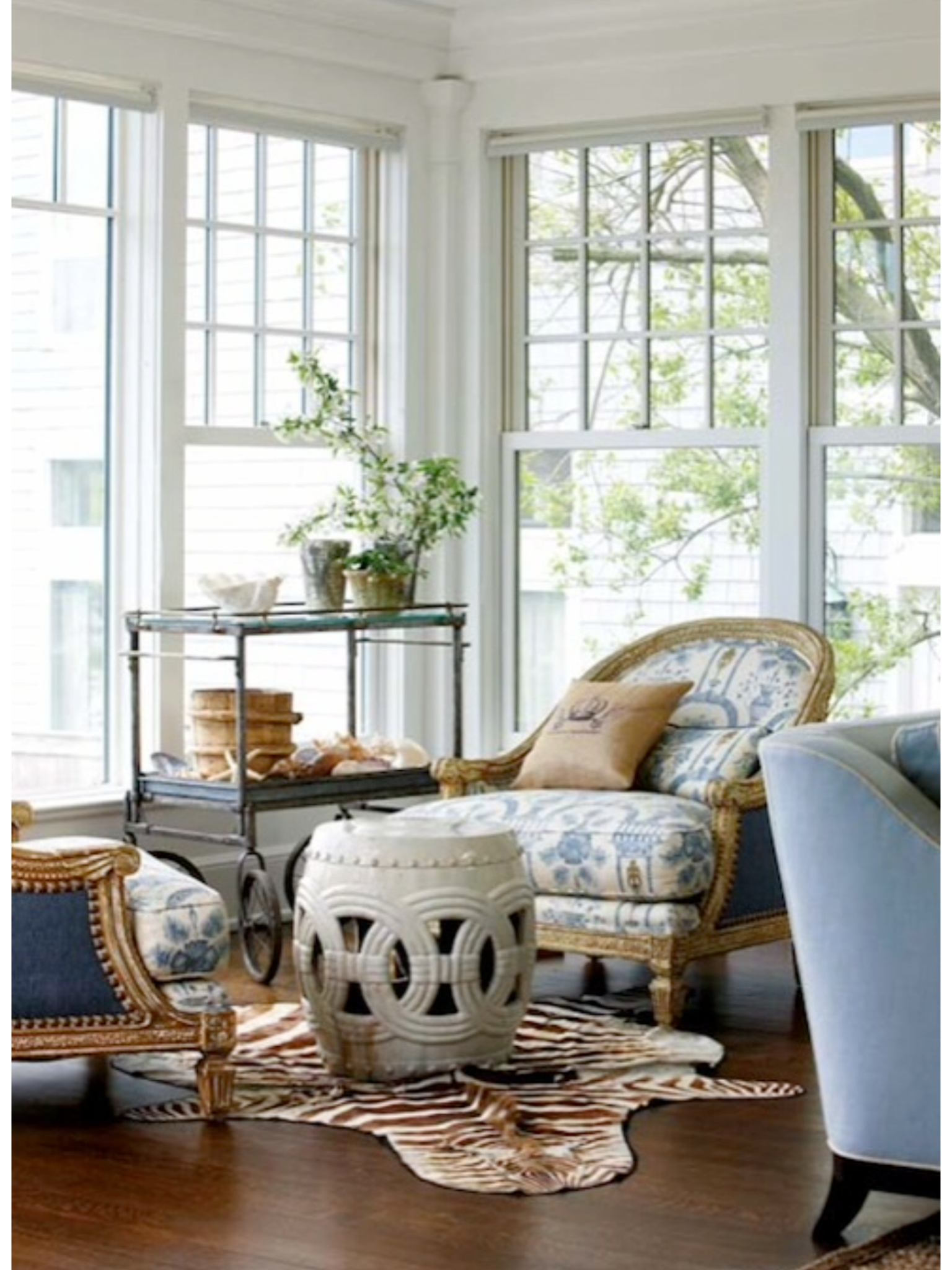 Blue and white garden stool