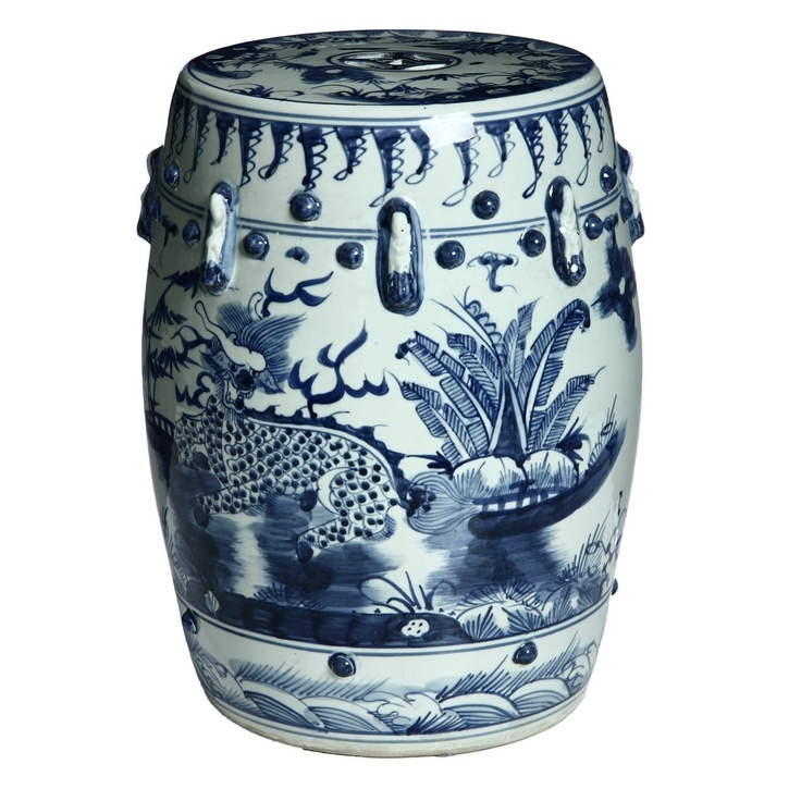 Chinese Blue and White Porcelain Garden Stool Round Foo Dog Lion Motif 18"