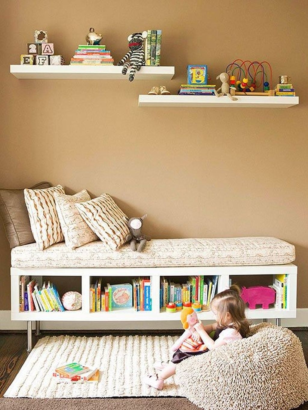 white corner bookshelf for nursery