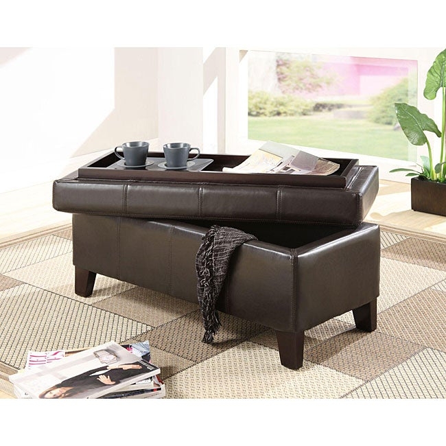 Chocolate Synthetic Leather Storage Bench With Wood Serving Tray
