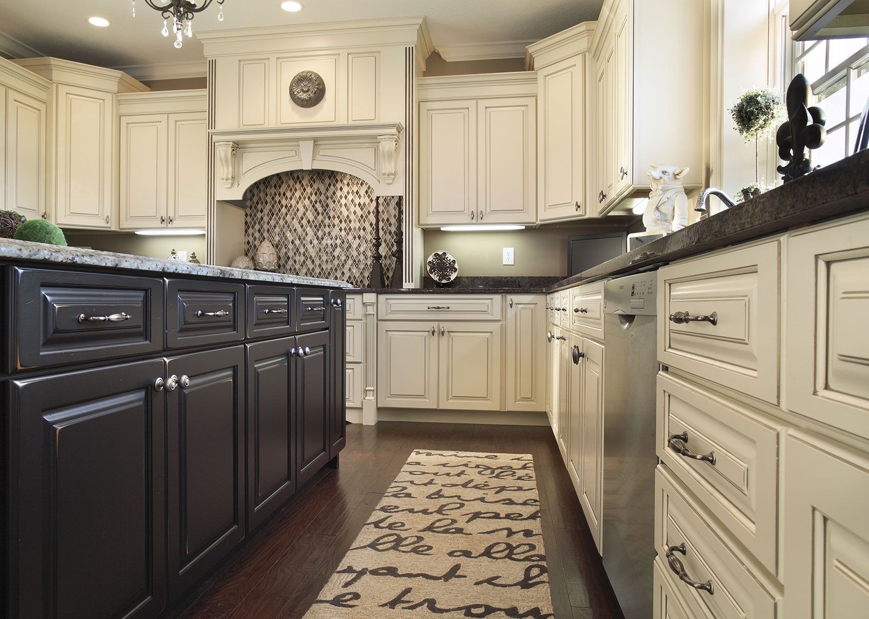 ivory kitchen cabinet with blue wall