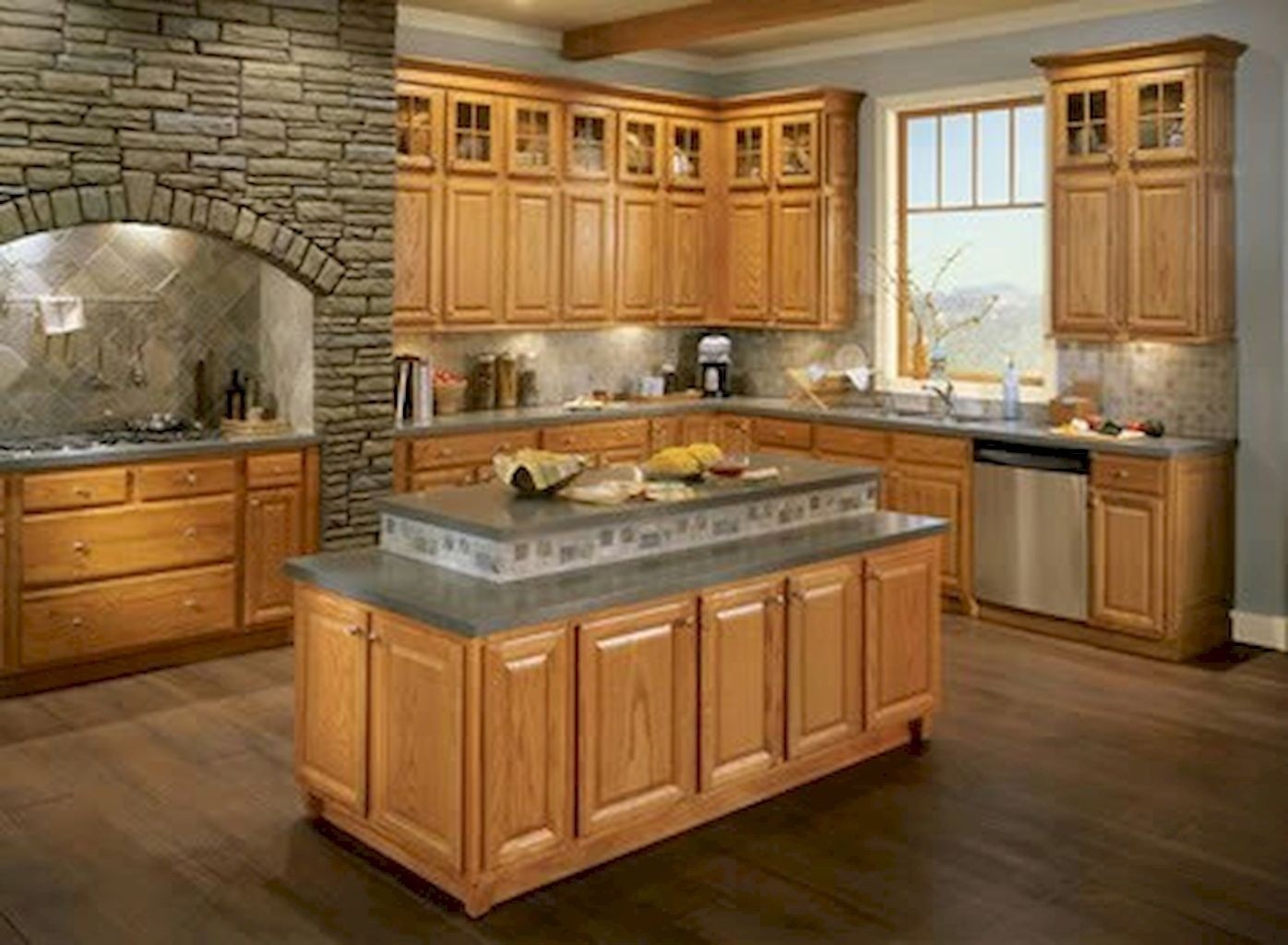 Pictures of honey oak cabinets with gray floors