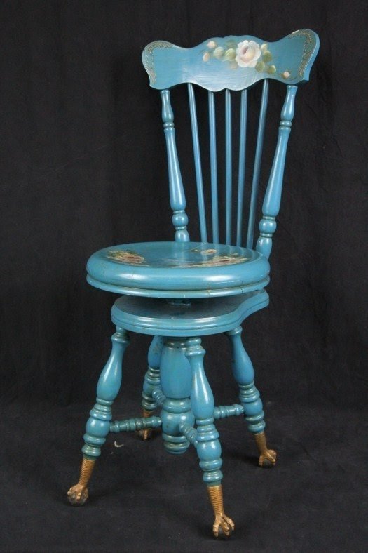 L512p Antique Piano Stool Bench Blue Paint With Hand Painted White Roses