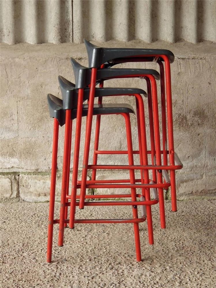 Vintage industrial red cafe bar stacking school science lab stools