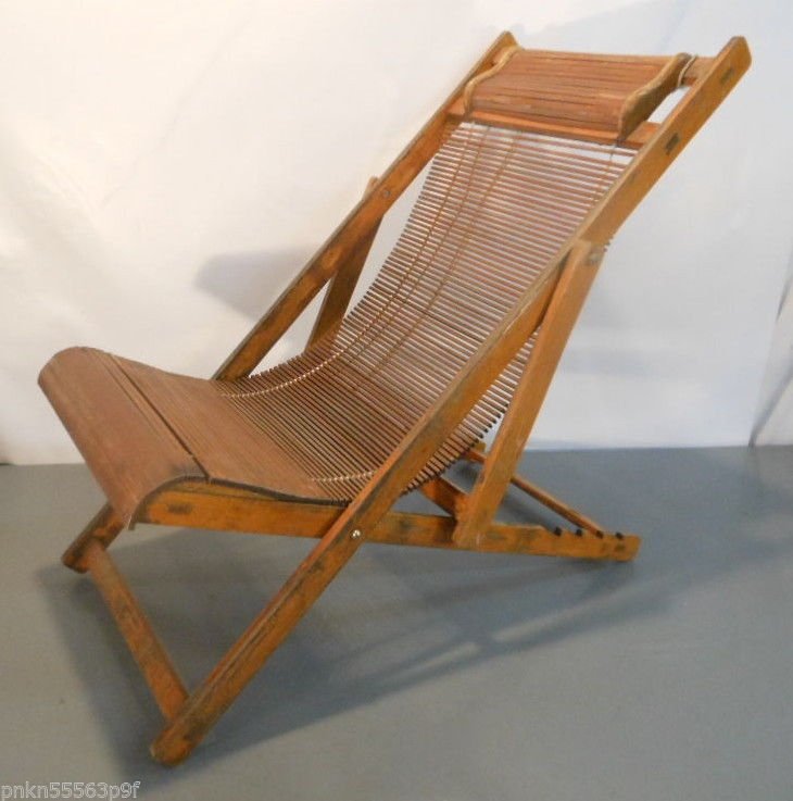 Antique 1940s Japanese Bamboo Wood Folding Deck Chair Ship Steamer Chaise Vtg