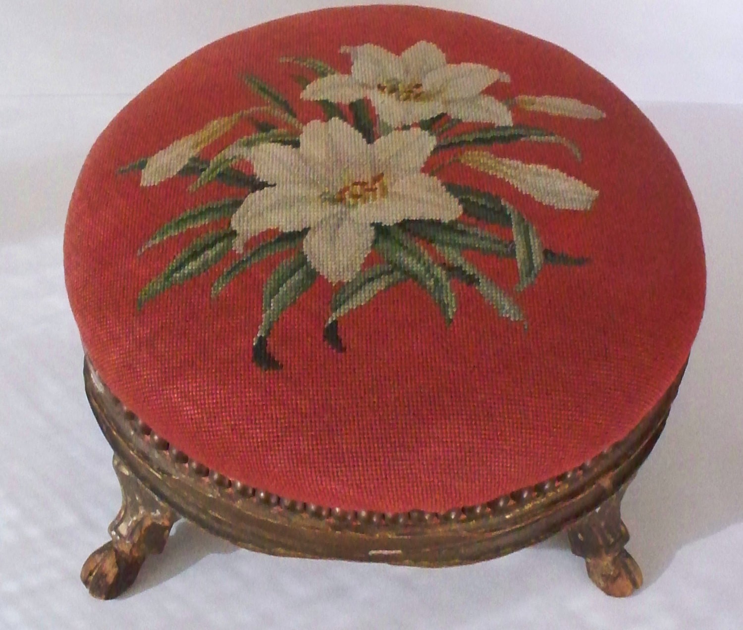 Antique footstool needlepoint lily