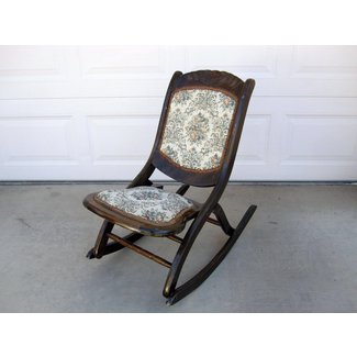 Antique Wooden Folding Rocking Chair Carved Rose Design  . Antique Folding Rocking Chair Solid Wood And Tapestry.