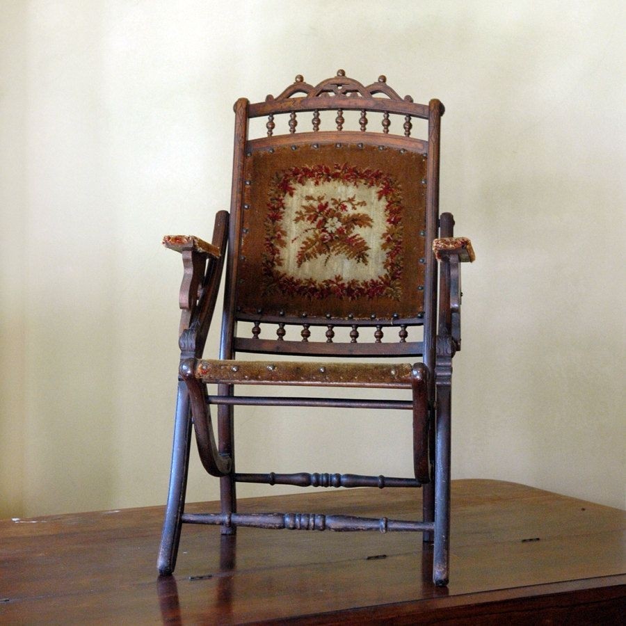 Antique Victorian Folding Chair Tapestry