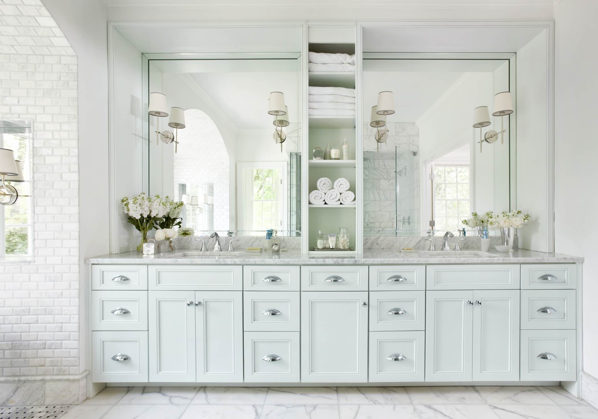 Double vanity deals with linen cabinet