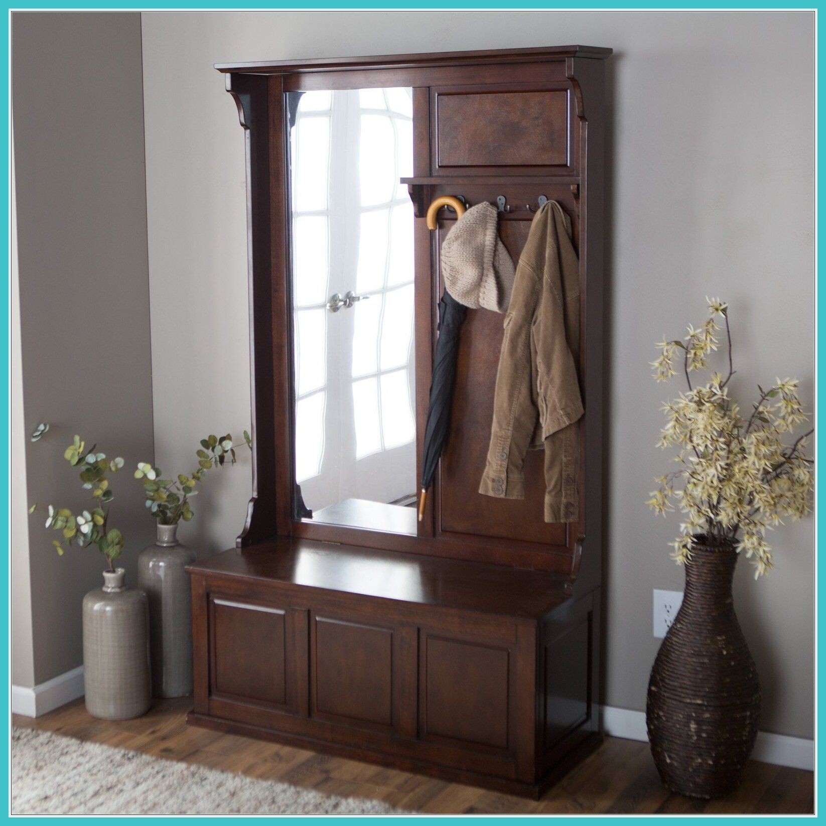 Entryway bench with discount mirror and hooks