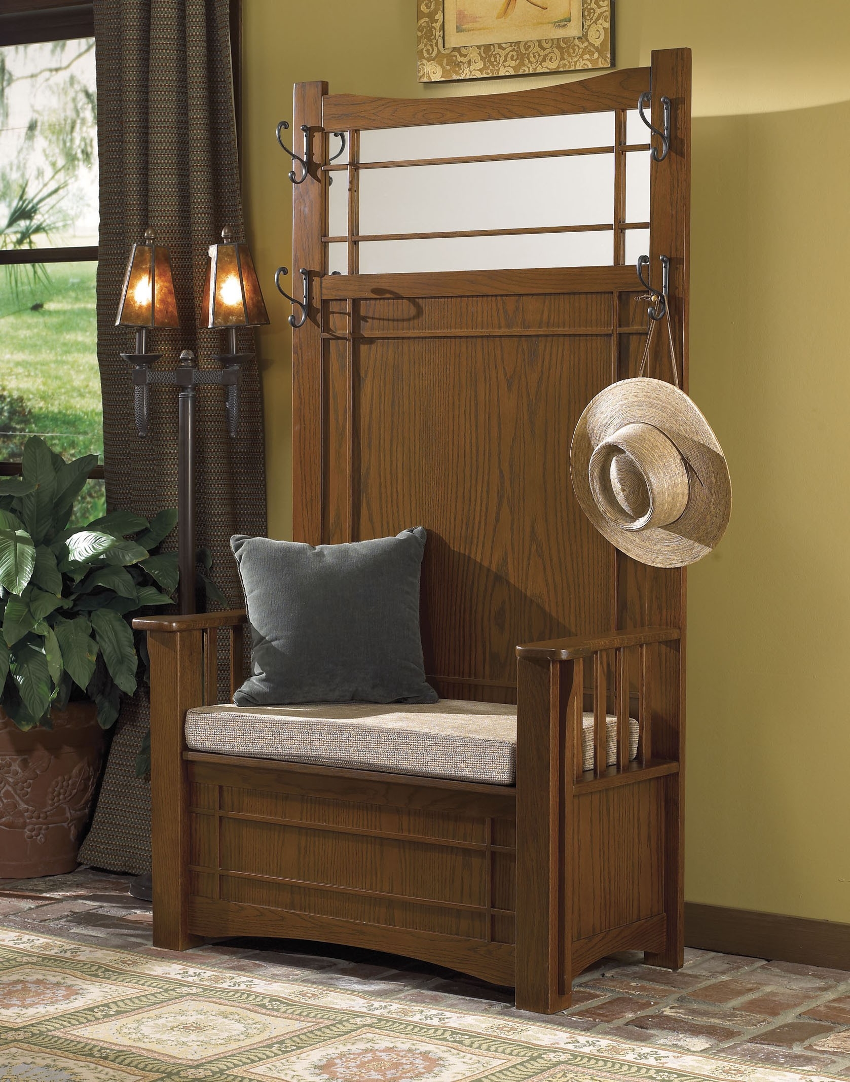 Powell Furniture Mission Oak Hall Tree With Storage Bench