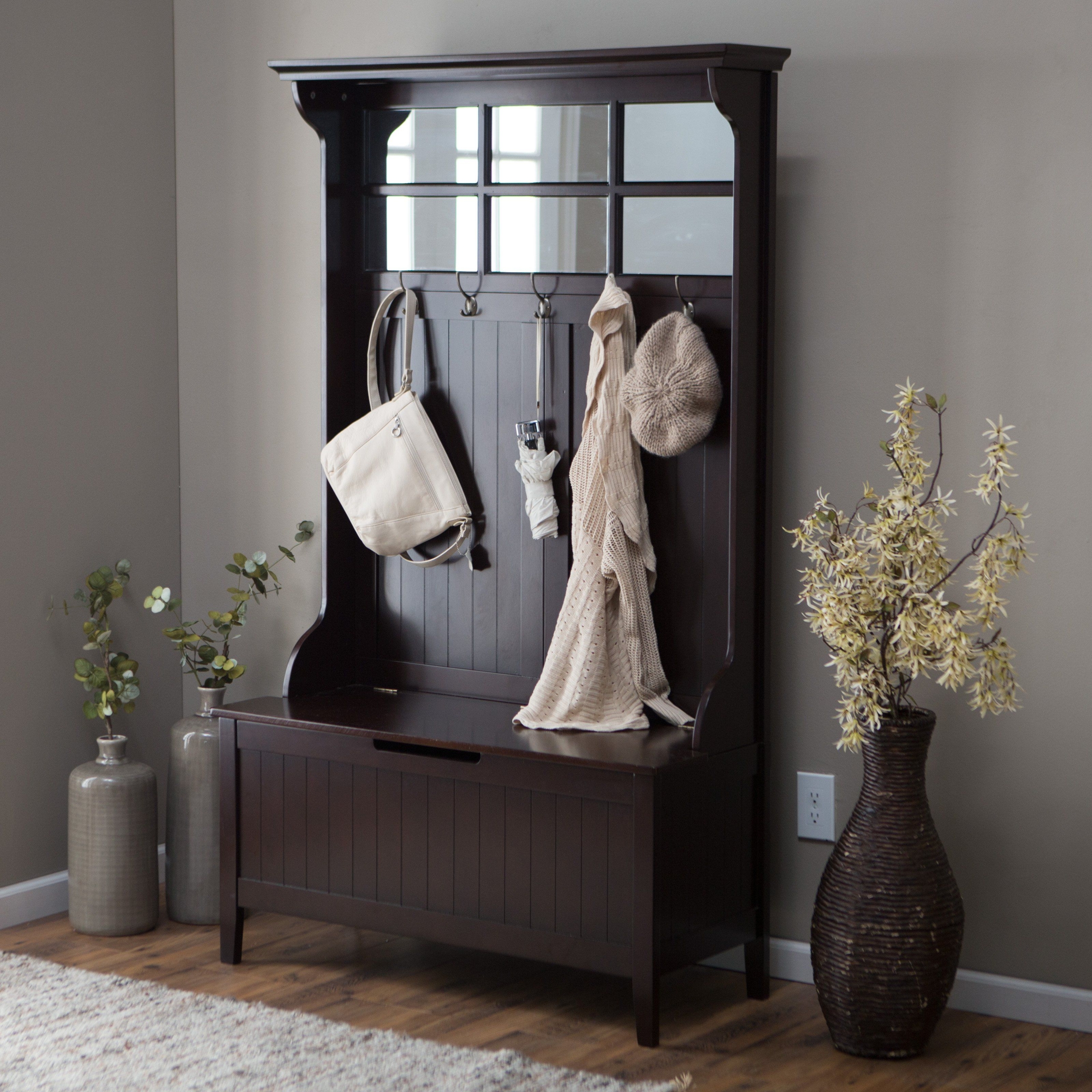 Belham Living Richland Hall Tree in Espresso Has Five Double Hooks Are the Perfect Place to Hang Coats, Hats, and Scarves, While the Lift Top Storage Bench Stores Blankets, Throws, and Pillows. Use in a Mudroom or Entryway. Mirrored and Beaded Detail