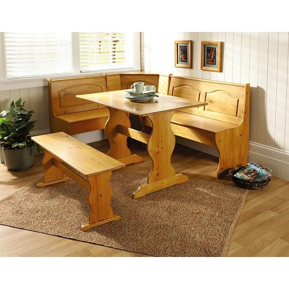 Dining Nook Solid Pine Breakfast Set in Natural Finish with Traditional Styling. Great for Eat-in Dining Kitchens Dining Room Table with Three Benches with Backs and One Backless Bench