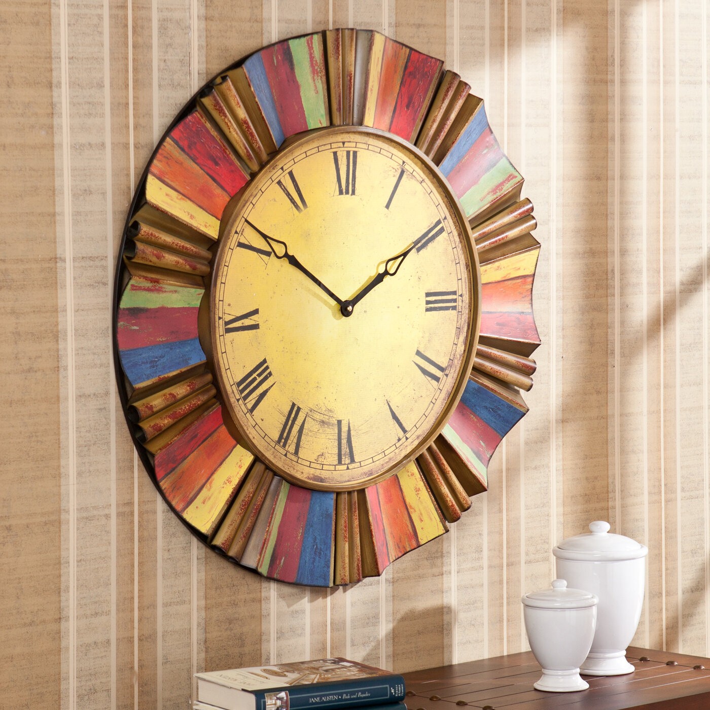 Oversized Wall Clock Rustic Metal Western Decor Vintage Colorful Art Hanging