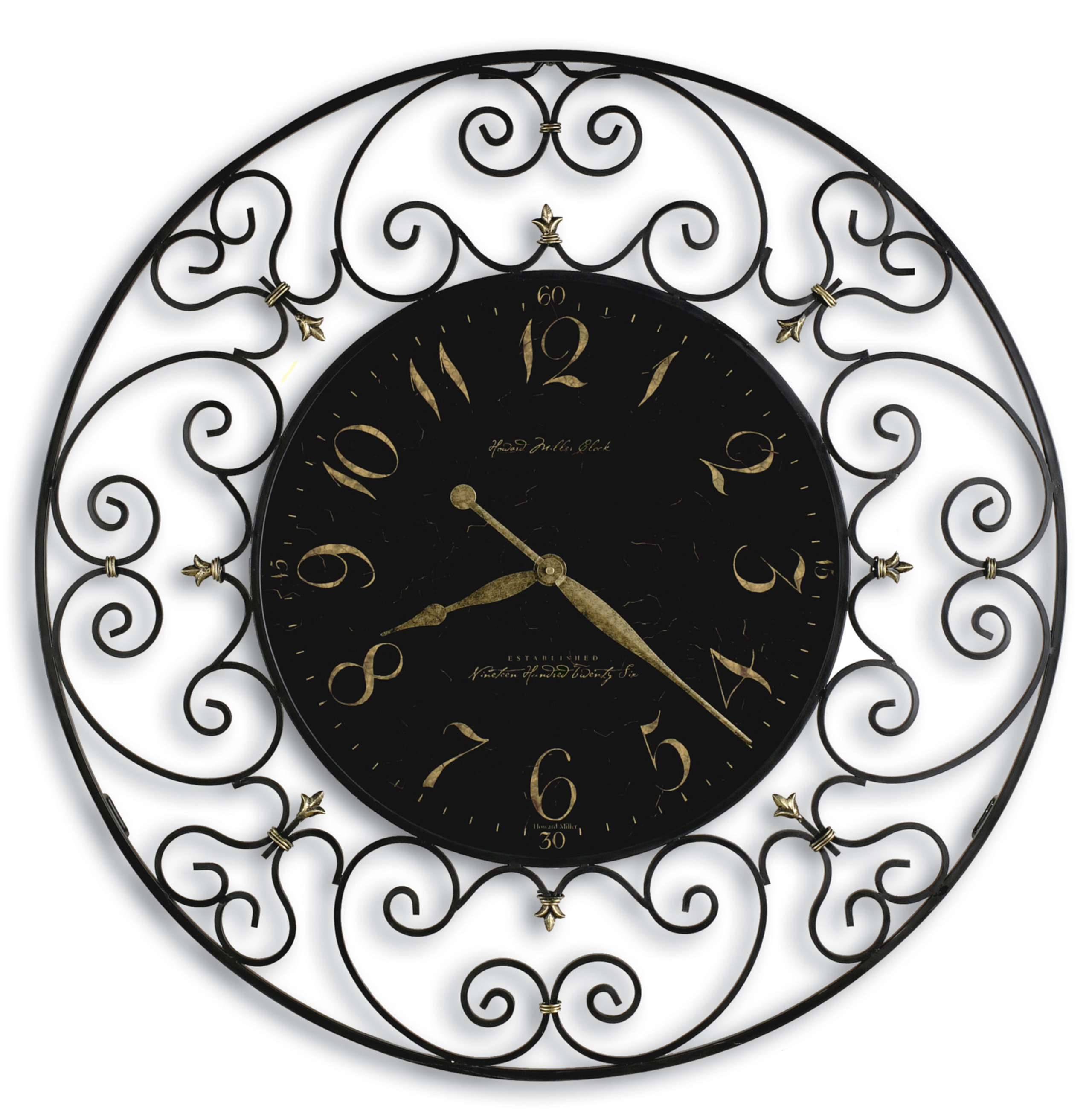This impressive 36 diameter black iron wall clock features decorative