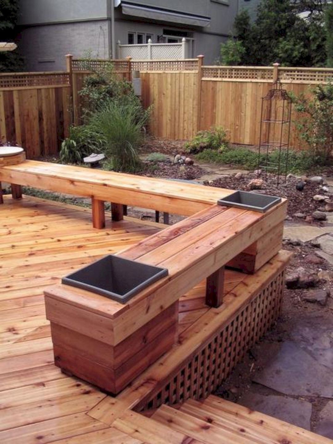 Cedar deck fence and bench with built in planters