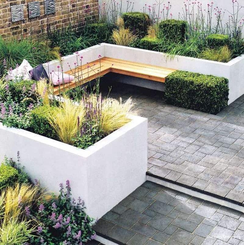 Contemporary patio layout for courtyard garden architectural plants give added