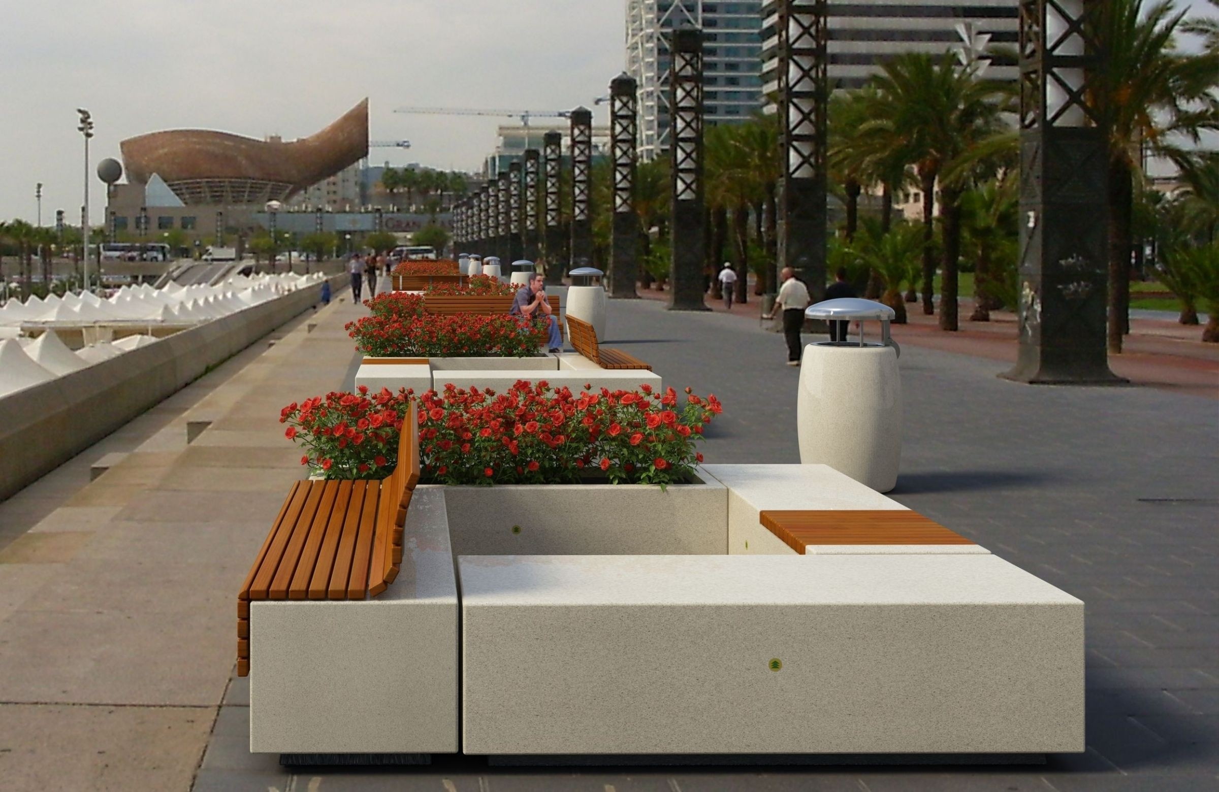 Contemporary public bench in wood and concrete with backrest modular