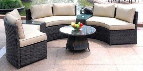 Outdoor Wicker PE Rattan Curved 6 Six Seat Sofa Lounger Patio Furniture Set and Glass Table