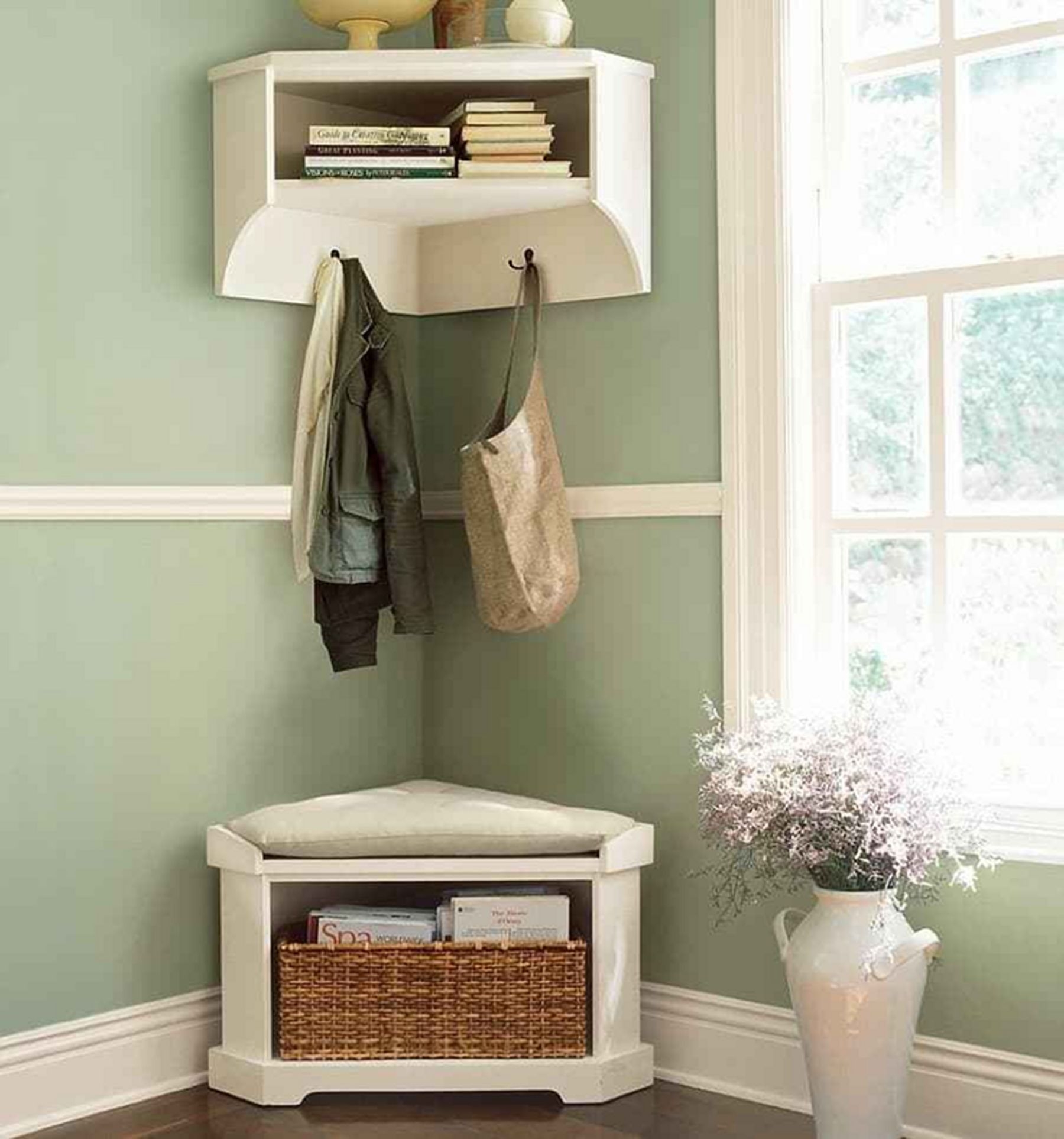 Corner entryway store storage bench