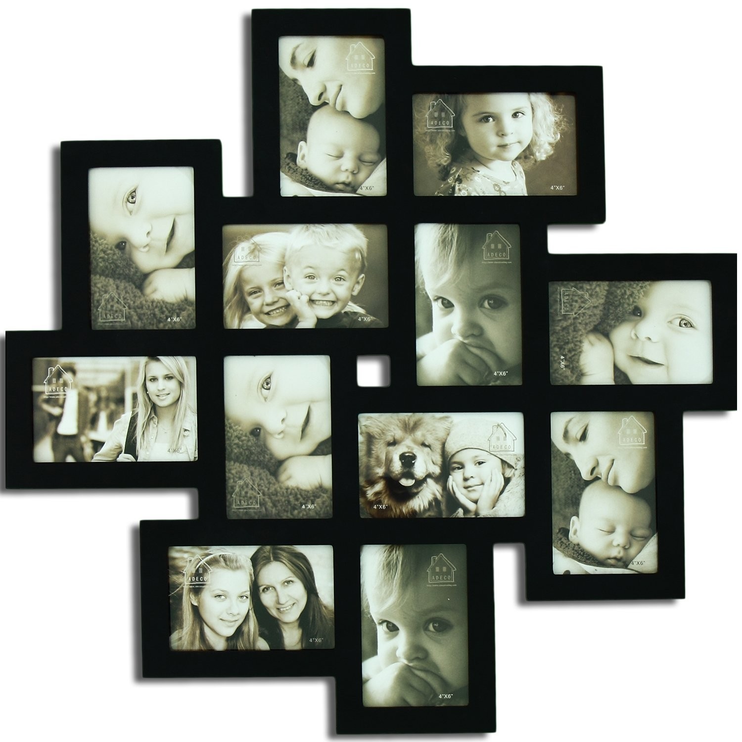 Adeco Decorative Black Wood Wall Hanging Collage Picture Photo Frame, 12 Opening