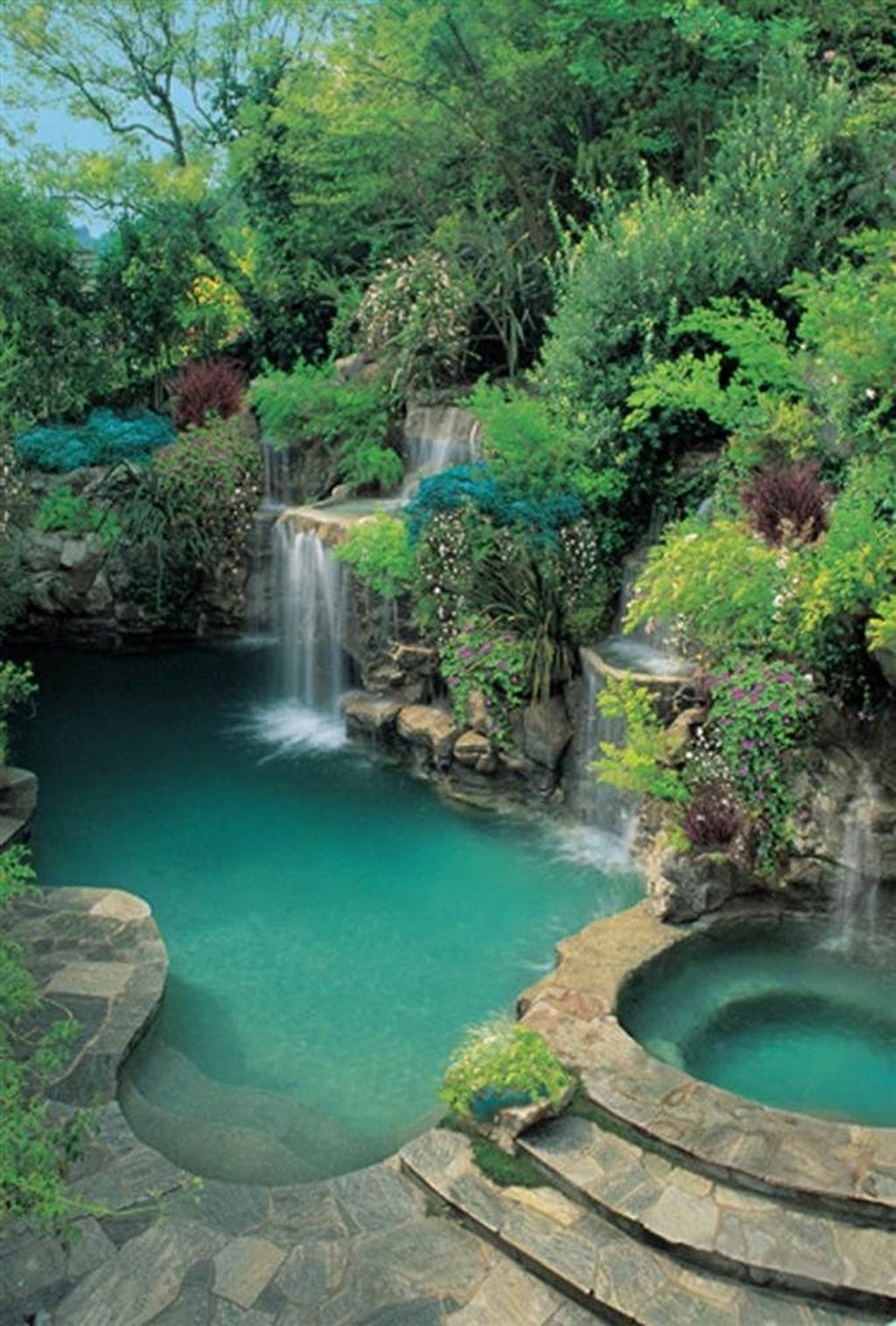 Amazing green water in garden hot tubs with the main