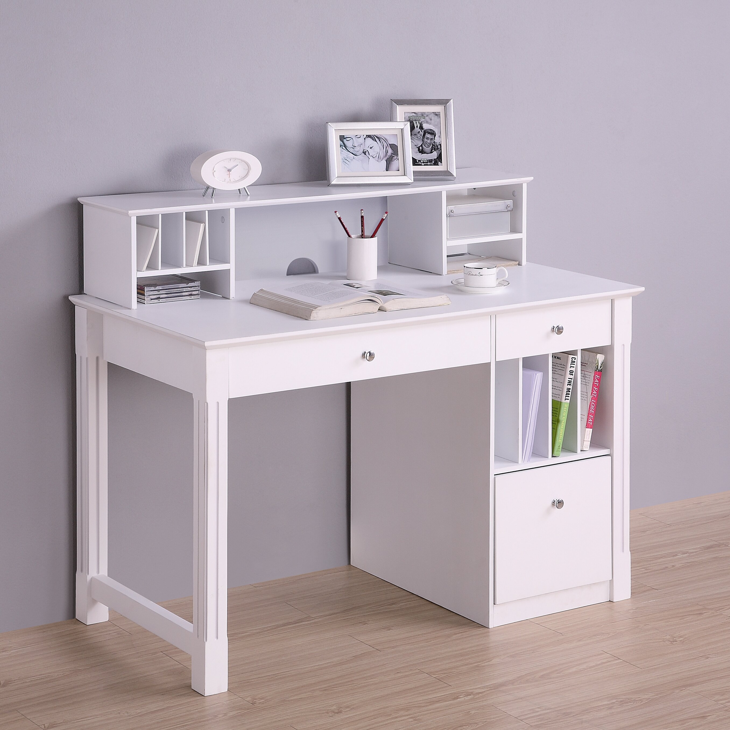 Deluxe White Wood Computer Desk With Hutch