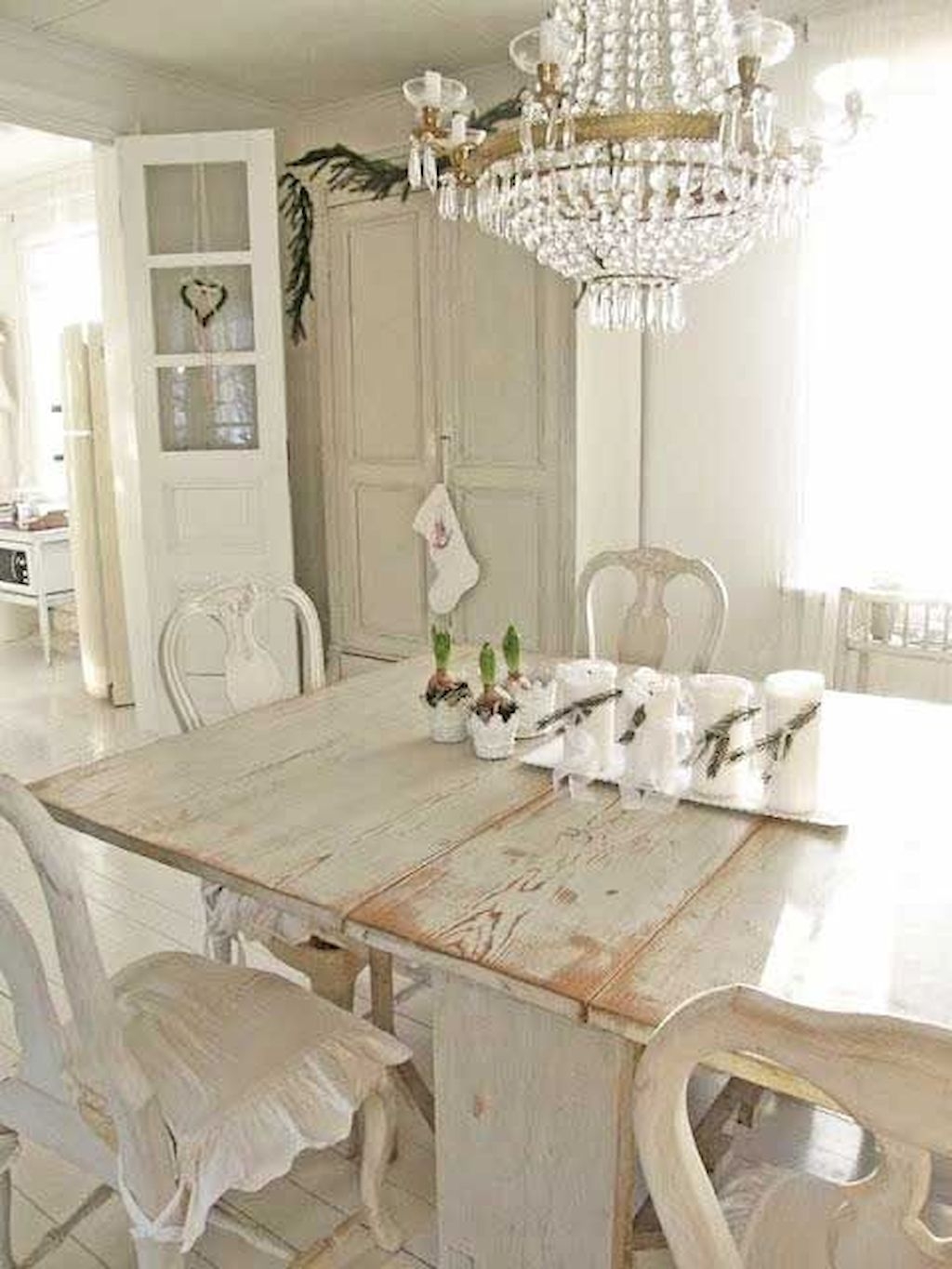 Distressed white best sale dining table set