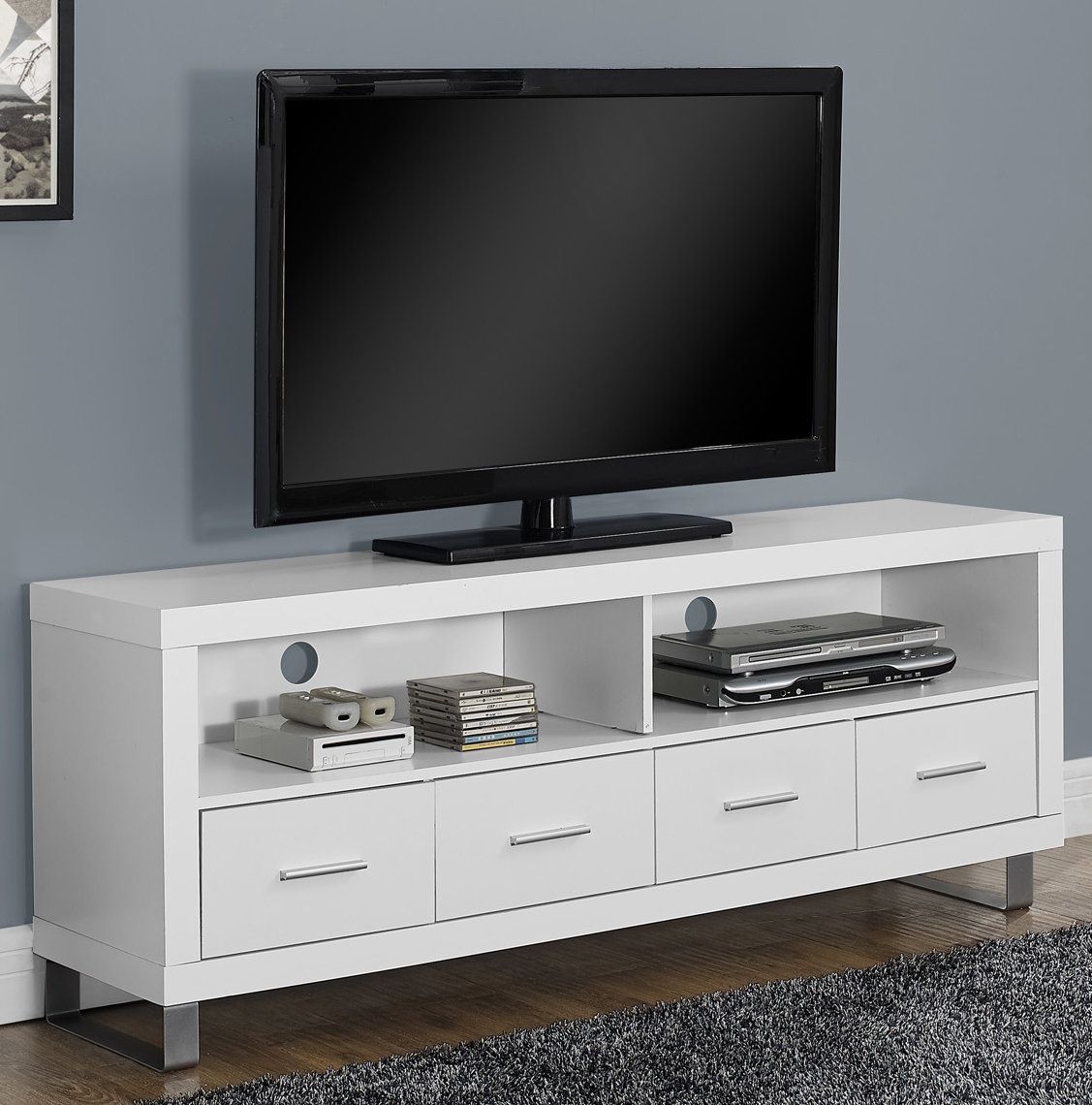 Monarch Specialties White Hollow-Core TV Console with 4 Drawers, 60-Inch
