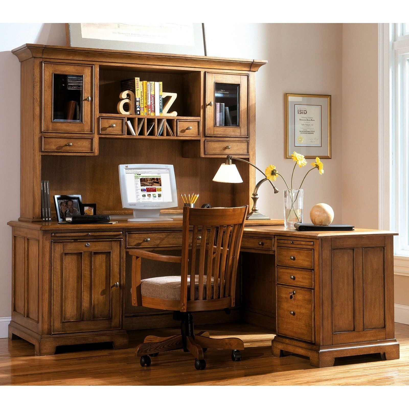 Wood l shaped desk deals with hutch